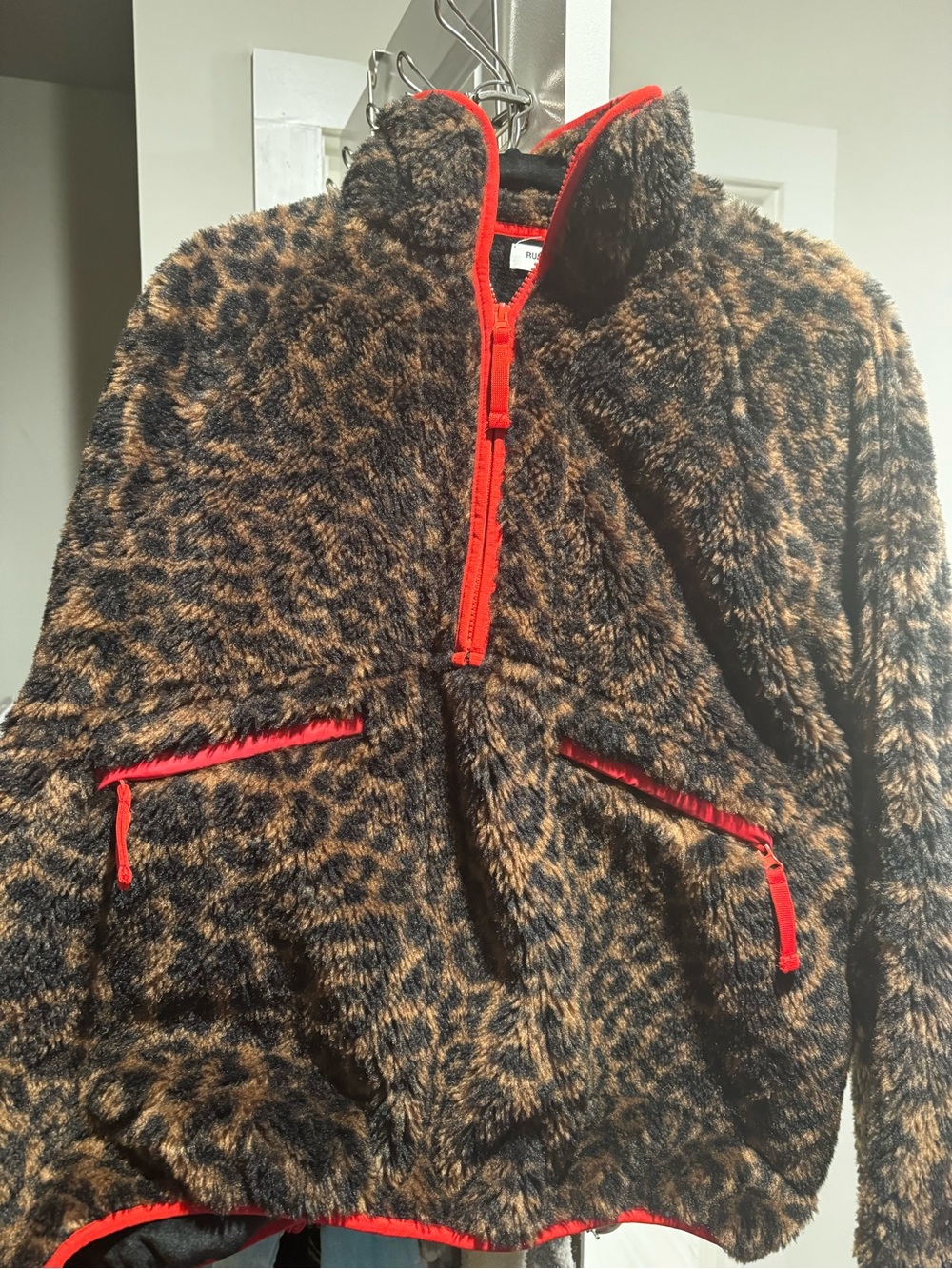 Rumored Leopard-Print Teddy Pullover Jacket with Red Trim - Picture 2 of 5